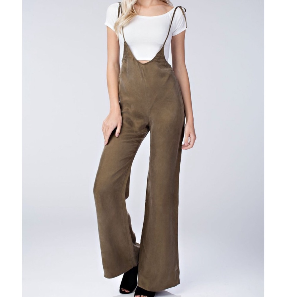 Olive spaghetti strap bell bottom jumpsuit
